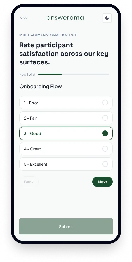Answerama multi-dimensional rating screen